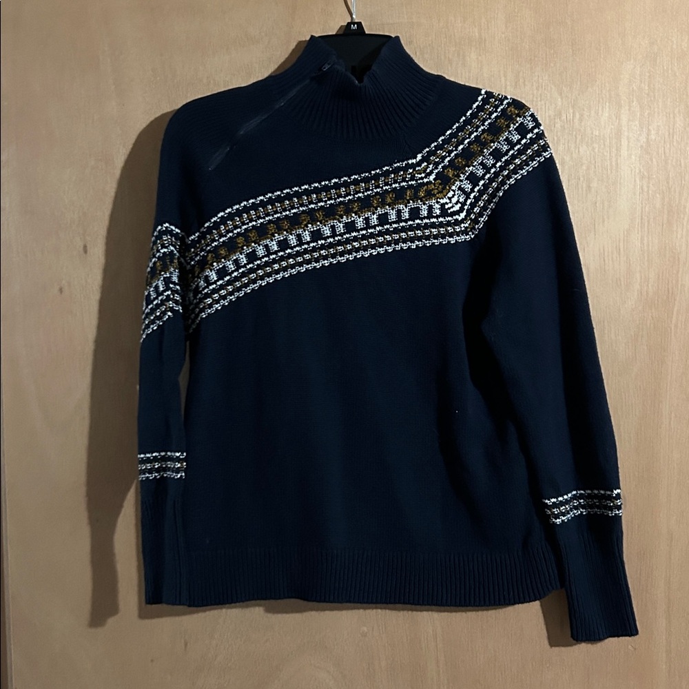 CAbi Navy Sweater with Gold and White Accents